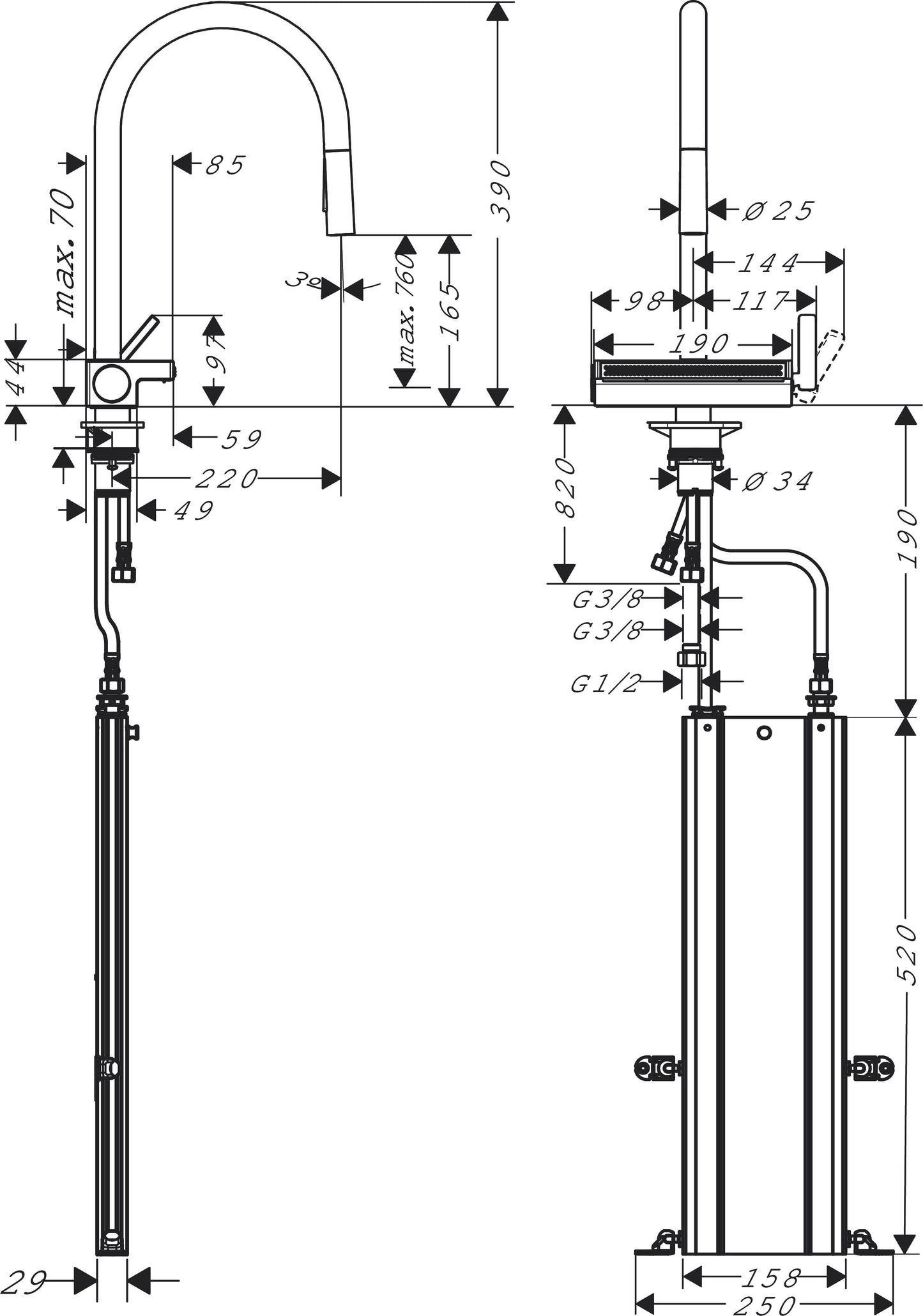 Aquno Select M81 Single lever kitchen mixer 170, pull-out spout, 3 jet, sBox